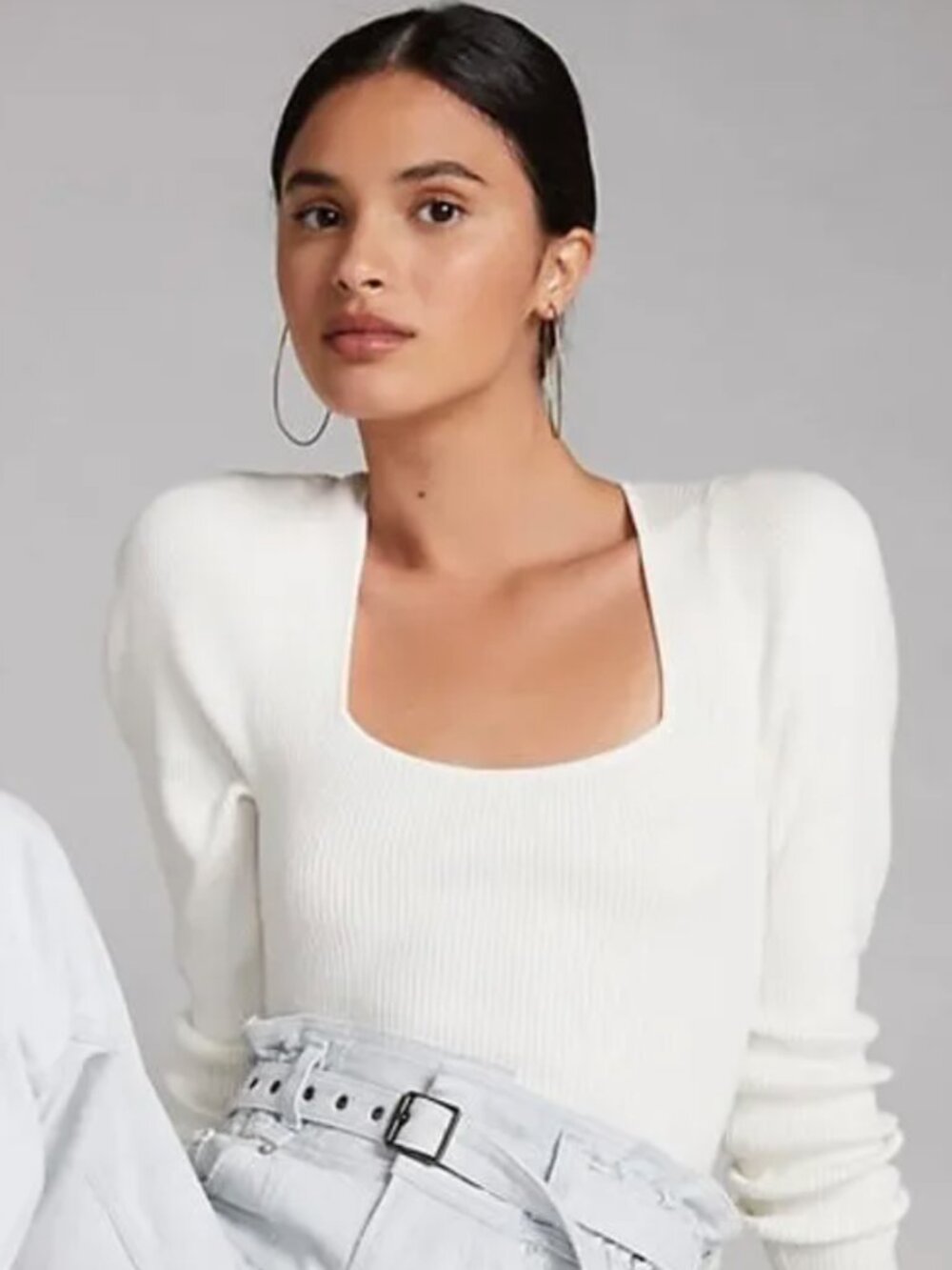 Maeve Square Neck Sweater with puff sleeve, Ivory, Small - Like new